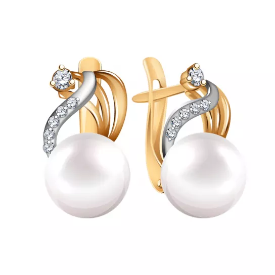 Серьги с жемчугом и фианитом из золота